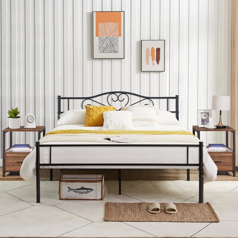 VECELO Industrial 3-Piece Bedroom Set Black Platform Bed Frame and Modern Nightstand Set of 2