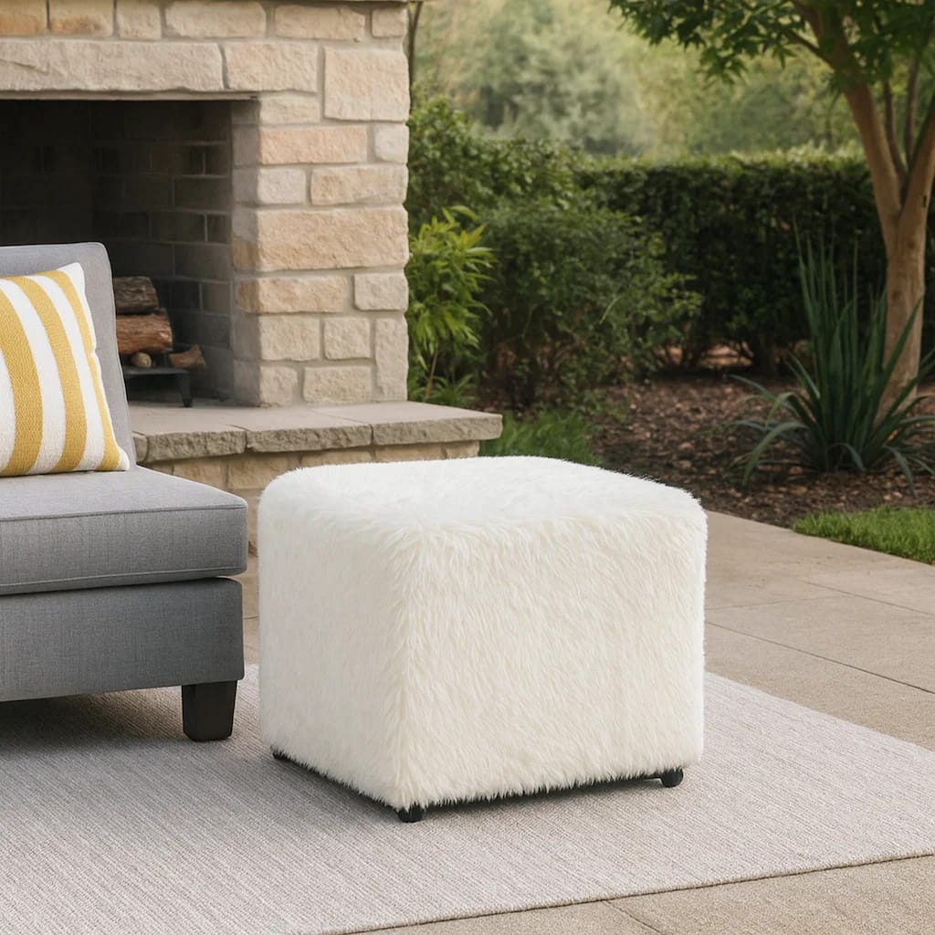 Lev Accent Ottoman, Square Cube SIlhouette with White Faux Fur 16 Inch