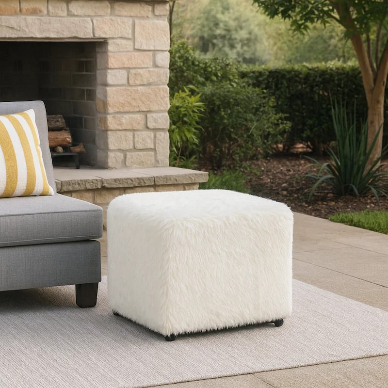 Lev Accent Ottoman, Square Cube SIlhouette with White Faux Fur 16 Inch