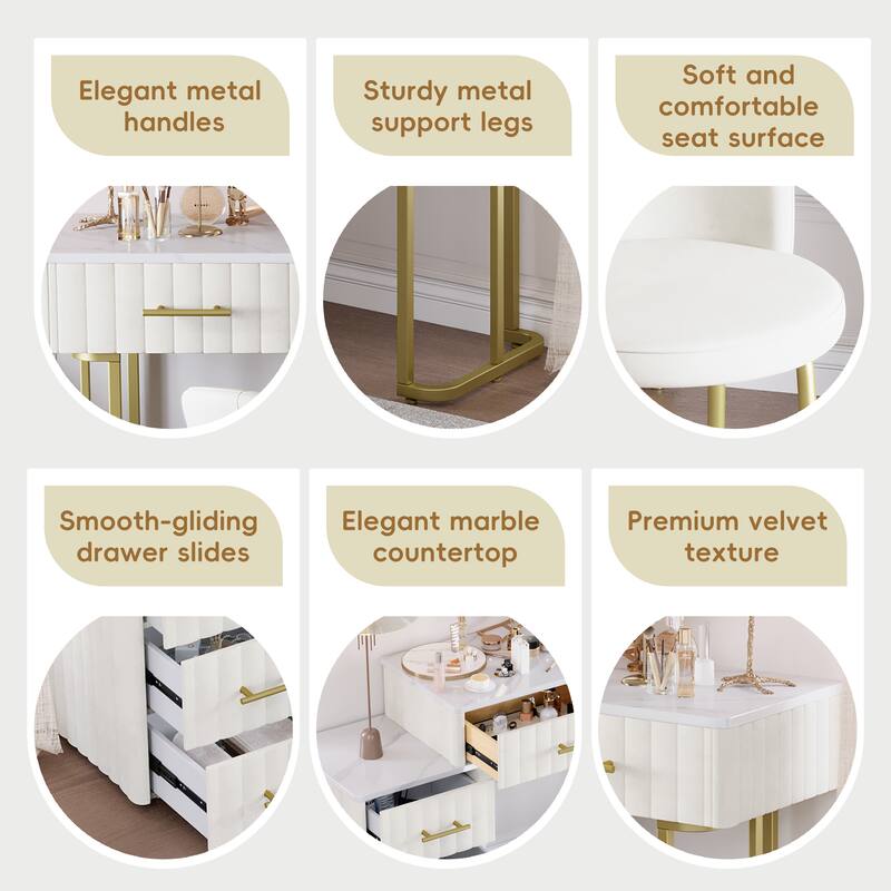 Velvet Upholstered Makeup Vanity Desk with 5 Storage Drawers, Marble-Look Sticker Top Dressing Table and Padded Makeup Chair Set
