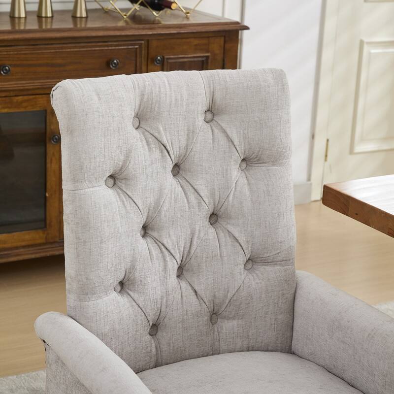 Roomfitters Chenille Upholstered Dining Chair, Tufted High-Back Accent Armchair with Curved Wood Legs