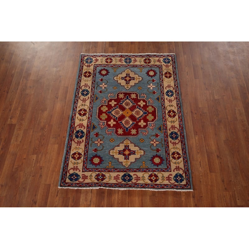 Light Blue Geometric Kazak Oriental Accent Rug Handmade Wool Carpet - 3'6" x 4'11"