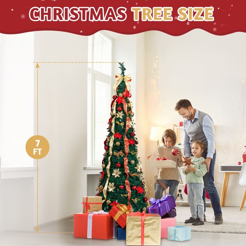7 FT Fully Decorated Pre-lit Pop Up Artificial Xmas Tree with 200 Warm Lights Remote Control