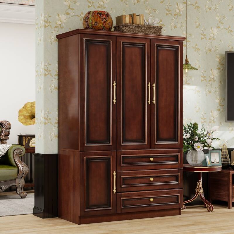 100% Solid Wood Walnut Armoire Wardrobe Closet with 3 Drawers and Hanging Rod, Farmhouse Style Wardrobe Closet with 3 Doors