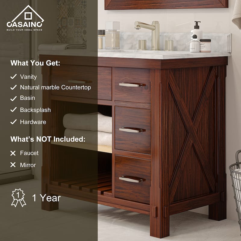 CASAINC 36"48"60" Freestanding Bathroom Vanity in Traditional Brown with Sink and Carrara Marble Top