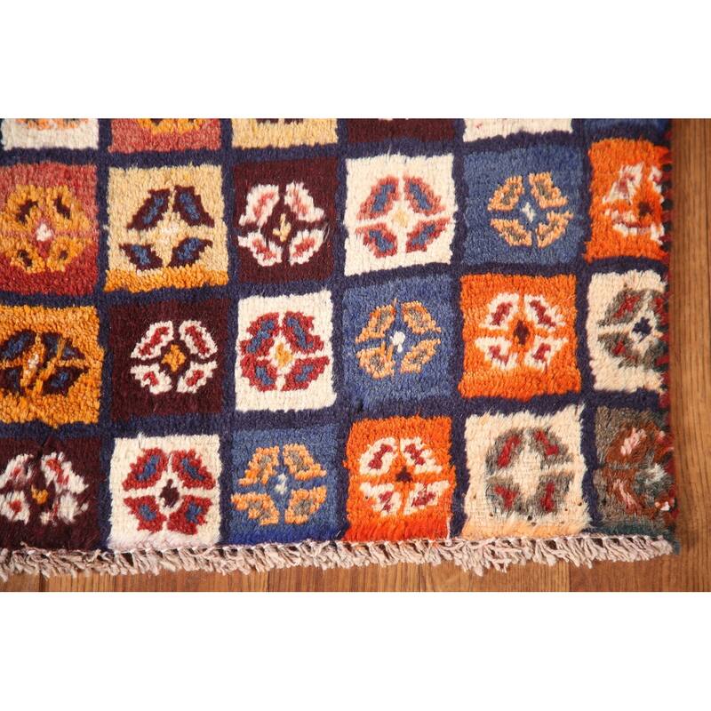 Checkered Gabbeh Persian Vintage Runner Rug Handmade Wool Carpet - 2'1"x 4'9"
