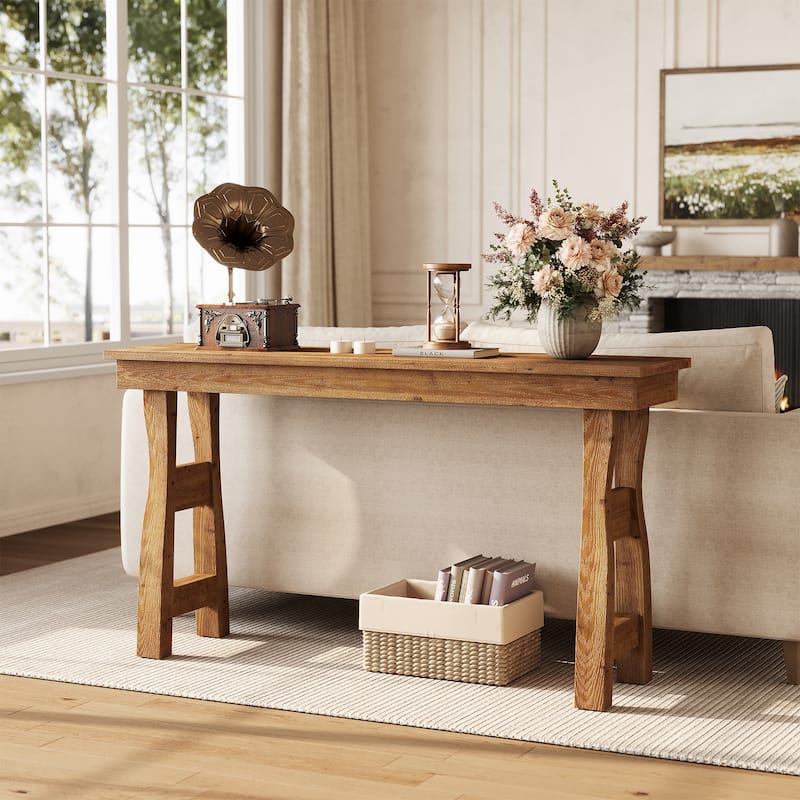 59" Solid Wood Console Table, Rustic Style Couch Tables Behind Sofa, Light Brown