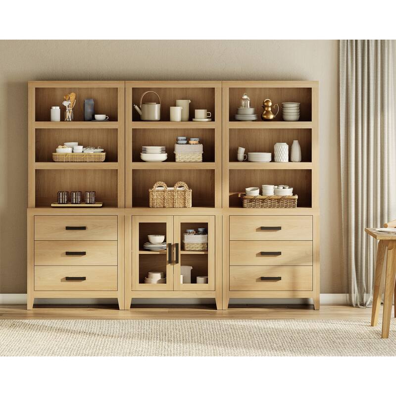 WAMPAT 74" Tall Bookshelf with Glass Doors and Drawers, 3-Tier Farmhouse Storage Cabinet