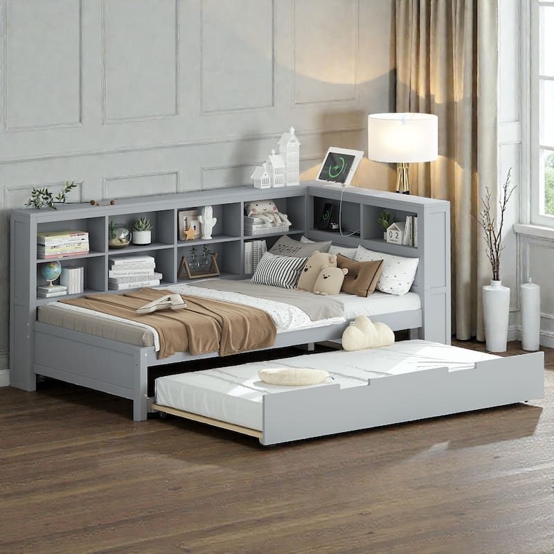 Twin/Full Wooden Daybed with Twin Trundle, Storage Shelf, USB Charging Ports, Slat Support, Space-Saving Design - Grey - Twin