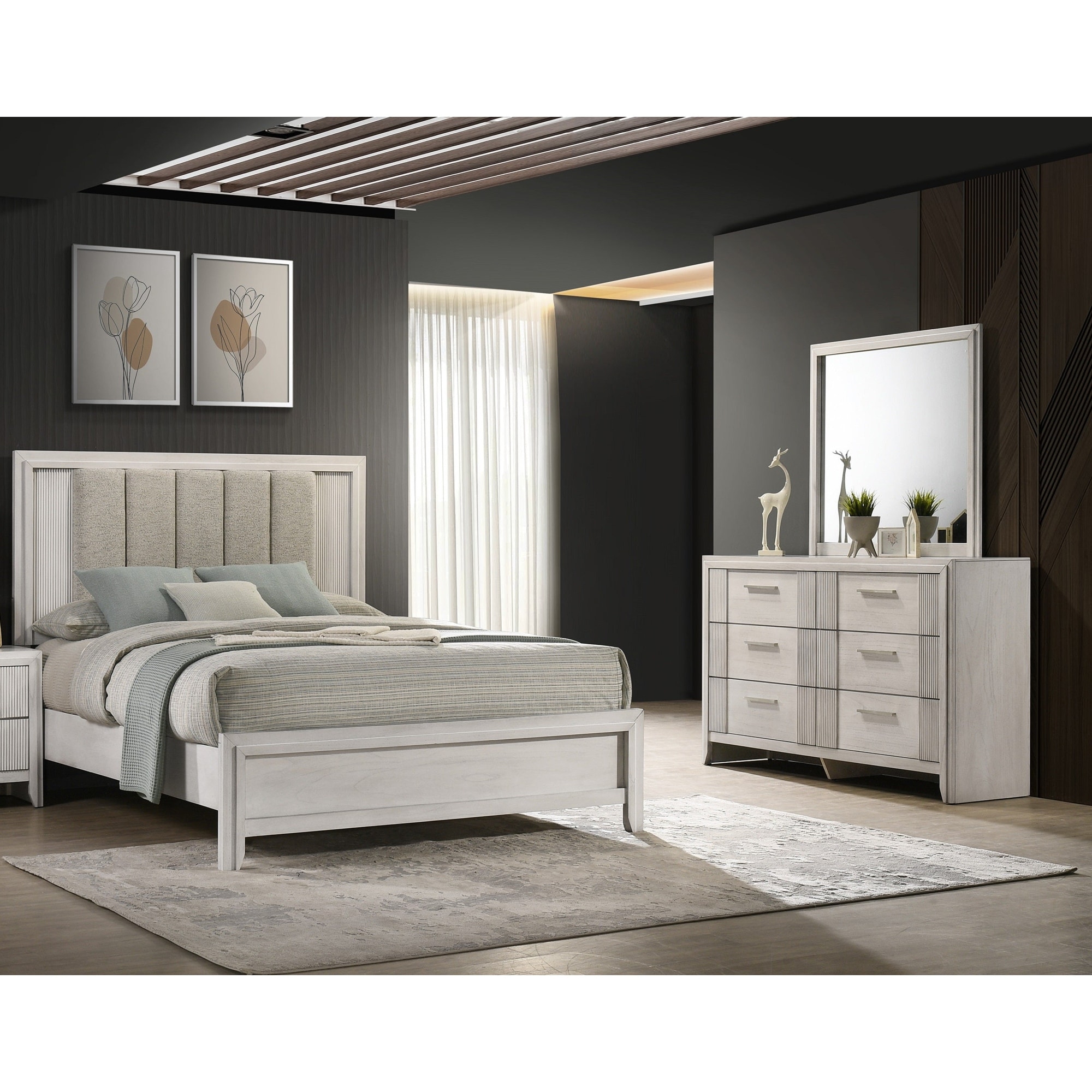3pc Cream Linear Upholstered Bed Dresser Mirror Set Bedroom Wooden Furniture