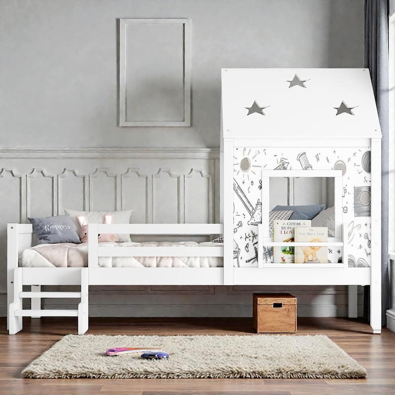 Kids House Platform Bed with Stairs, Star Roof, Window, Bookcase & Blackboard, Solid Wood Low Profile Bed No Box Spring - Light White - Twin