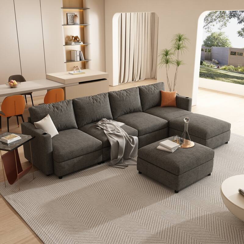123" U-Shaped Modular 4 Seater Sectional Sofa with Storage Ottomans, Easy Assembly and Transport