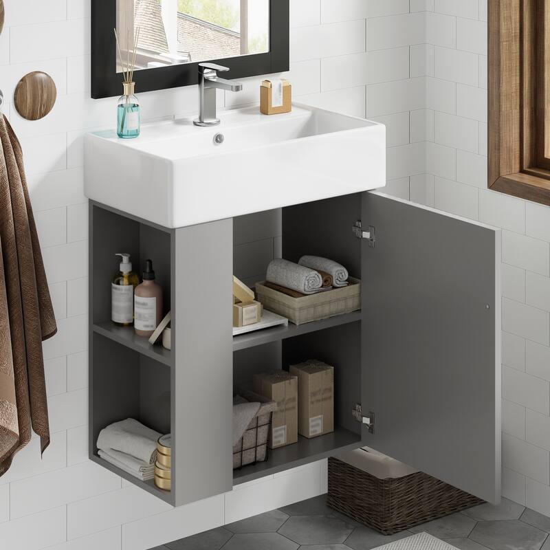Floating Bathroom Vanity with Sink, Small Wall Mounted Bathroom Vanity, Bathroom Cabinet with Soft Close Door & Left Side Shelf
