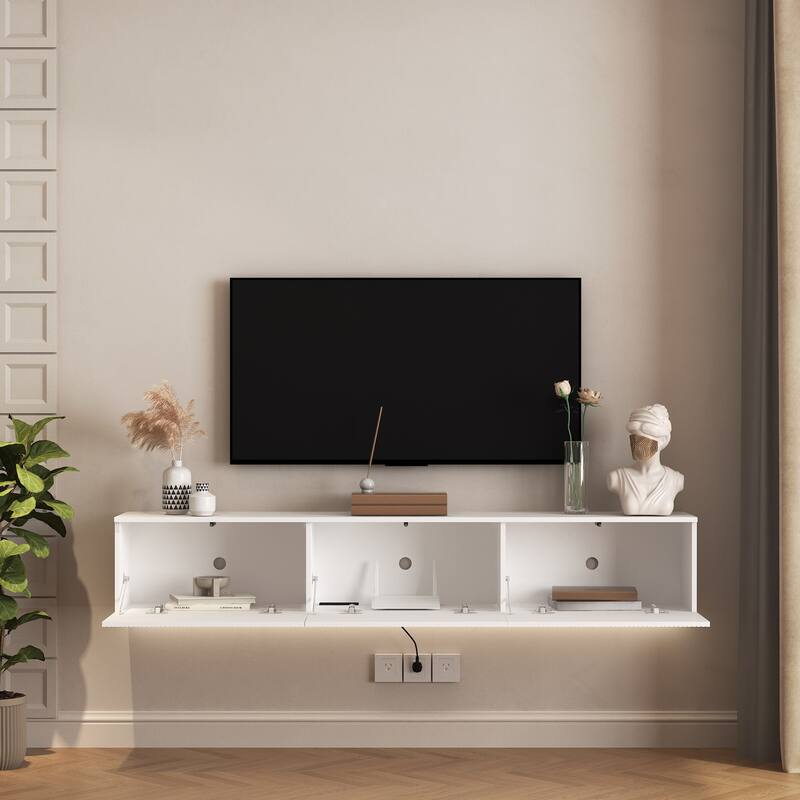 Floating TV Stand, Wall Mounted Shelf, Modern Floating Entertainment Center with Flip-Down Doors, Fits TV 50-65 inch Cabinet