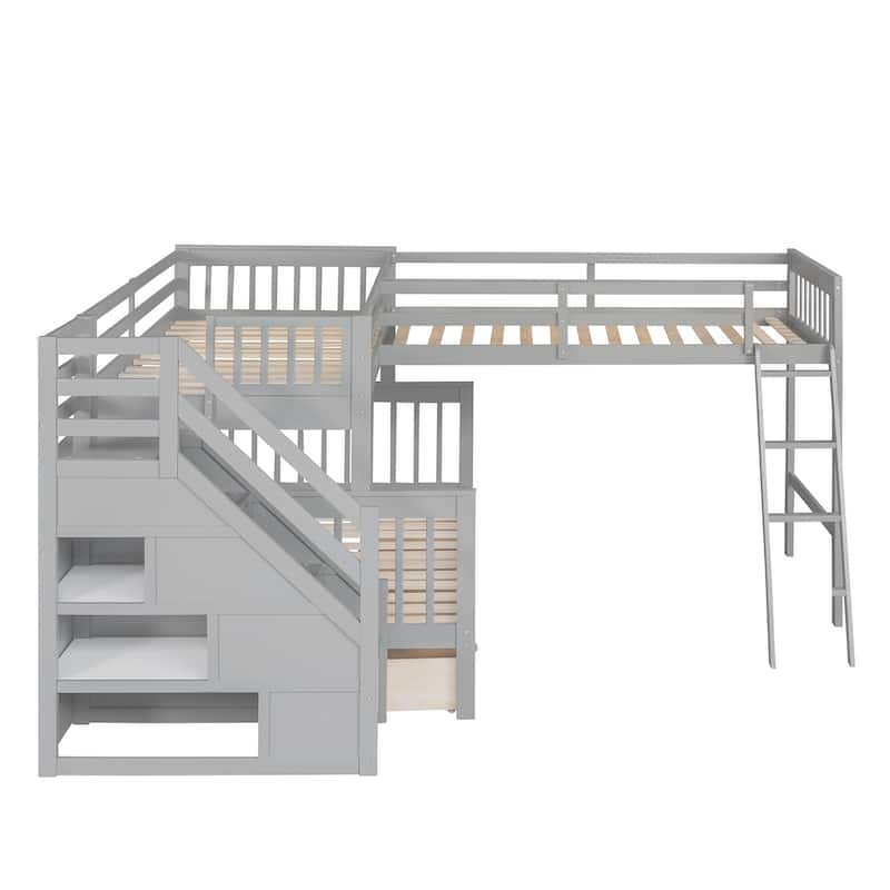 L-Shaped Bunk Bed With 3 Drawers, Ladder and Staircase