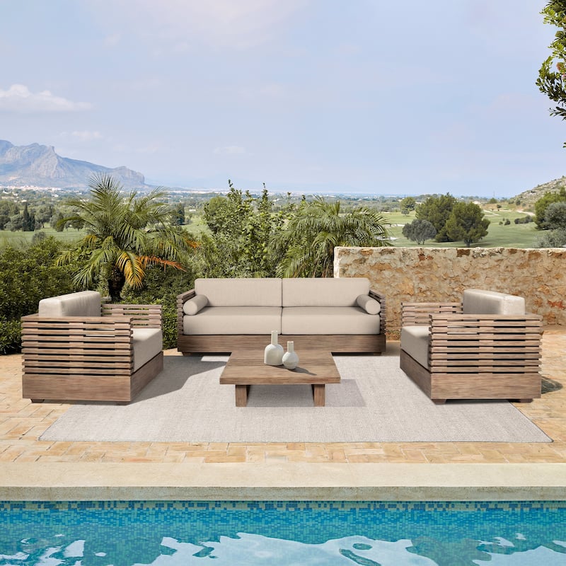 Vivid Modern Solid Wood 4 Piece Outdoor Conversation Set with Olefin Cushions - Taupe