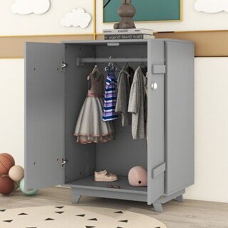 Grey Wooden Wardrobe Storage Armoires Cabinet with Hanging Rod and Doors - 31.5" x 19.7" x 43.4"(L x W x H)