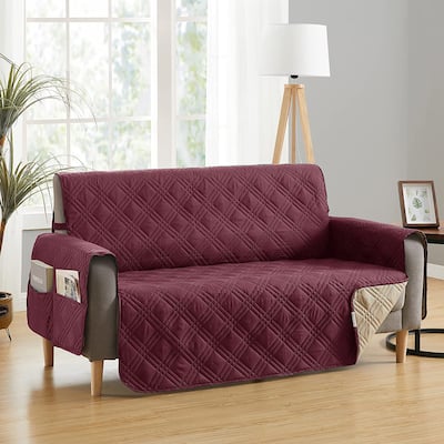 Teflon Newfield Reversible Love Seat Cover, Burgundy and Tan