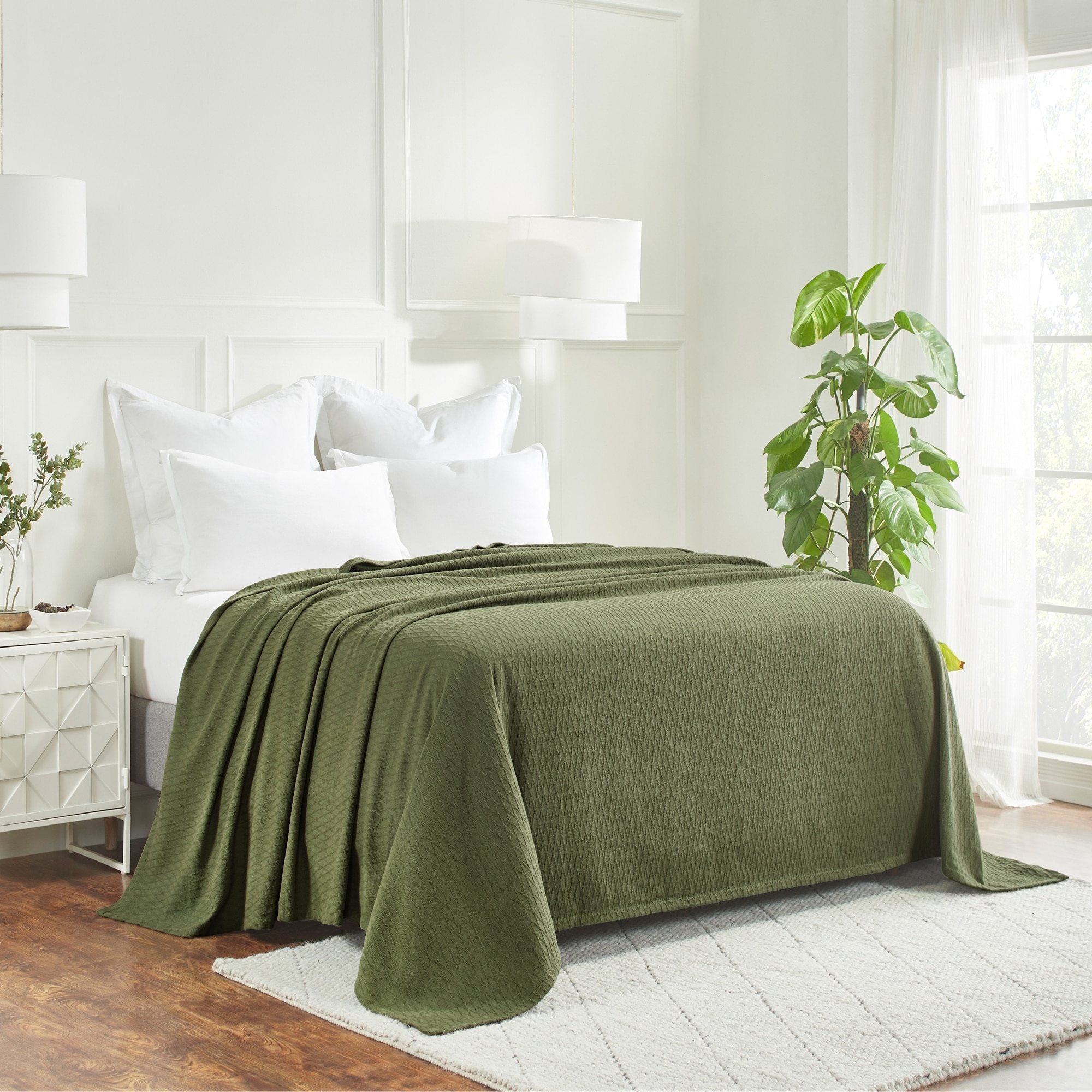 Superior Diamond Weave All Season Bedding Cotton Blanket Full Queen Forest Green