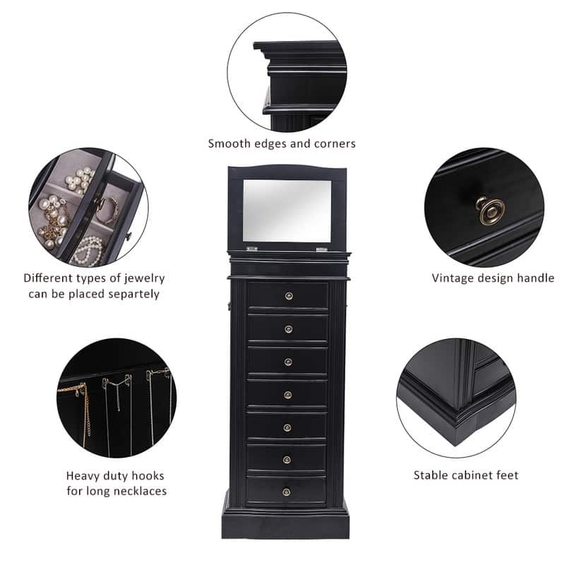 Jewelry Armoire with Mirror, 7 Drawers & 24 Necklace Hooks, 2 Side Swing Doors