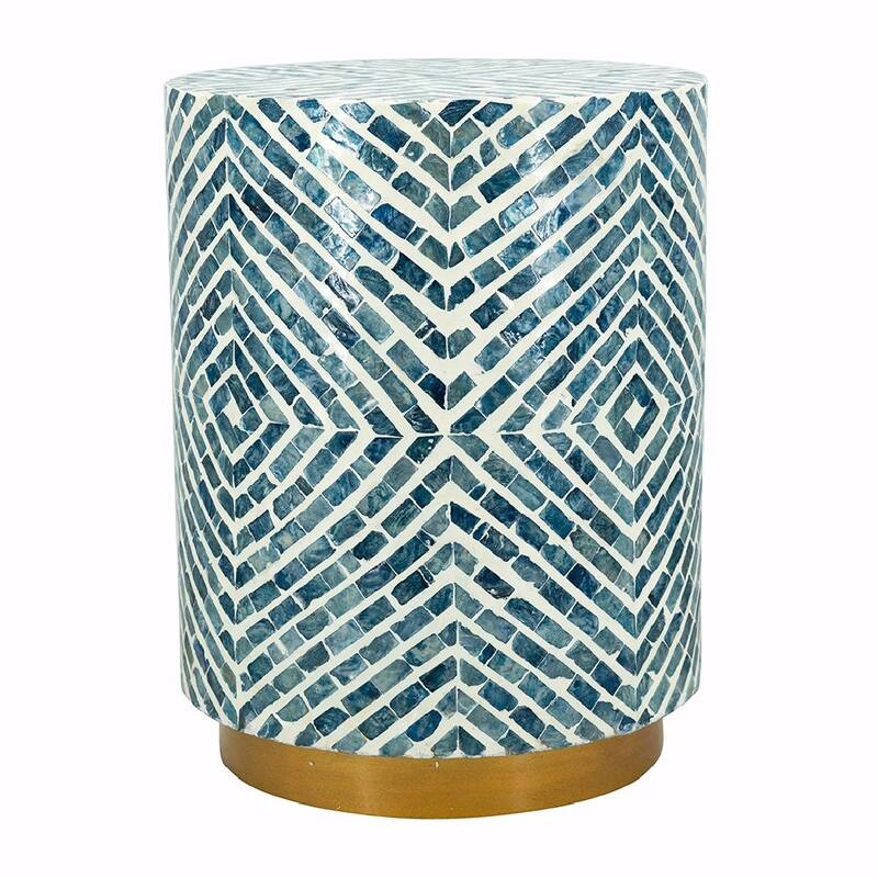 ​14" Capiz Accent Stool - Blue/White Mosaic Design, End Table, Side Table - 14x14x18"