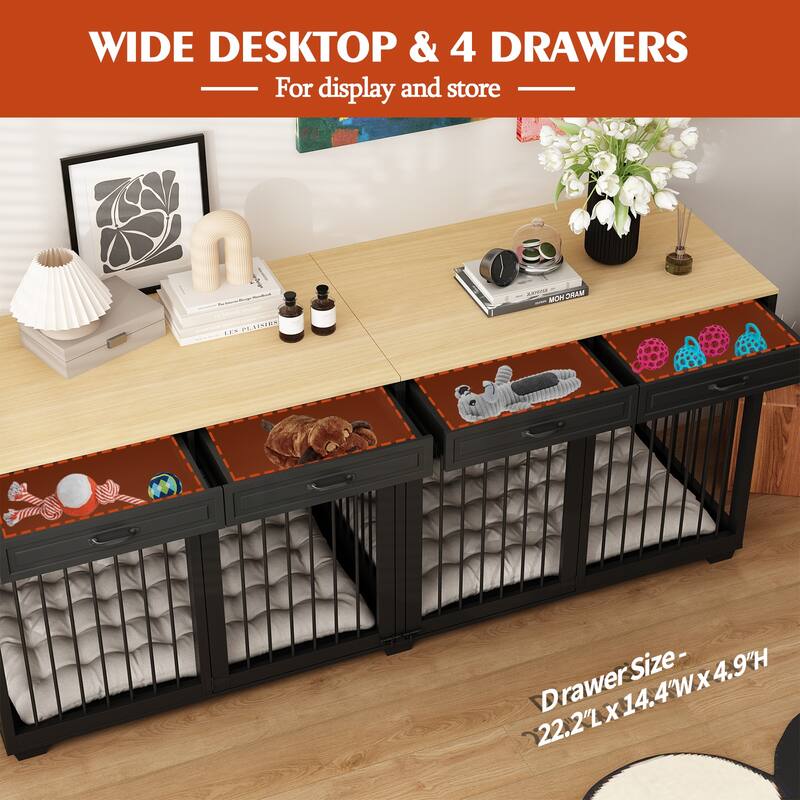 93" Wooden Large Dog Crate Furniture with 2 Rooms,3 Drawers & Dividers