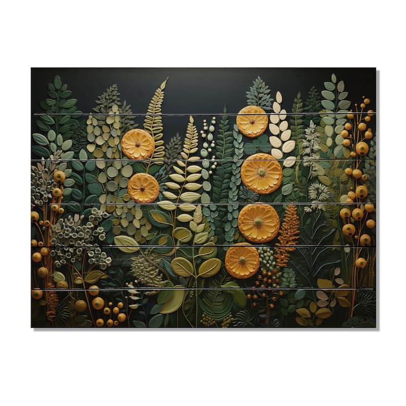 Designart "Yellow Ferns Plant Forest Tapestry" Floral Print on Natural Pine Wood