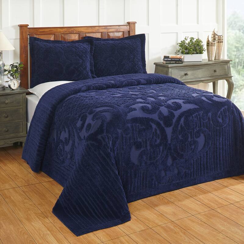 Better Trends Chenille Bedspread Set with Sham Medallion Design 100% Cotton Soft Machine Washable Tufted Ashton Collection - Navy - Full