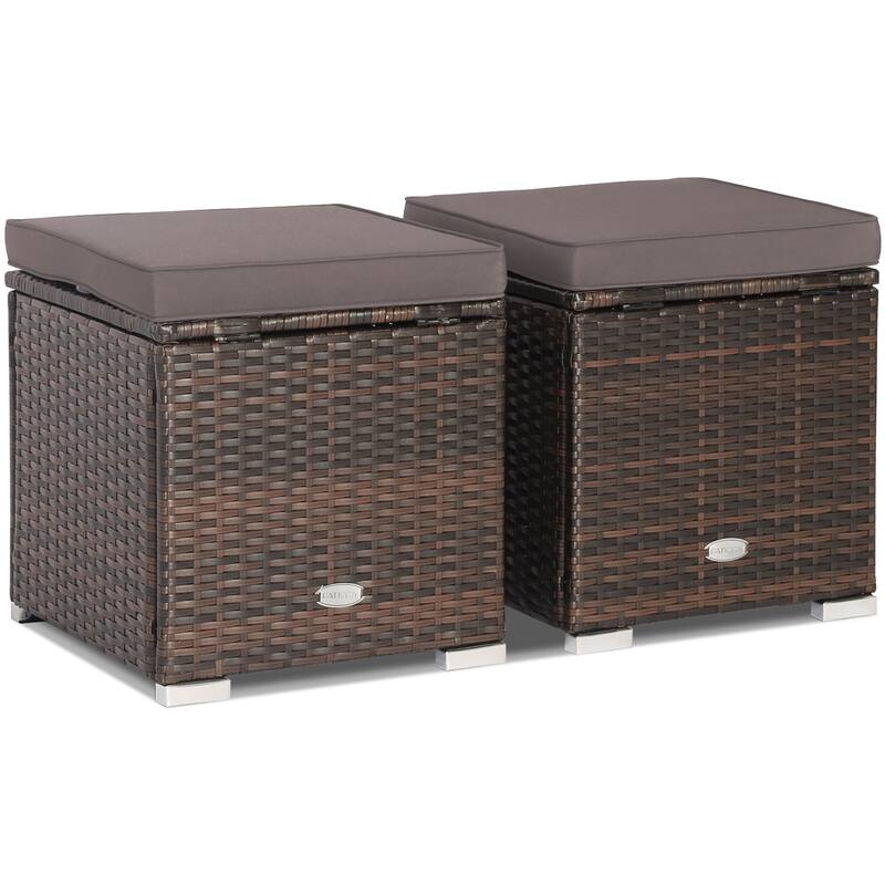 Costway 2PCS Patio Rattan Ottomans Seat Side Table Storage Box - See Details