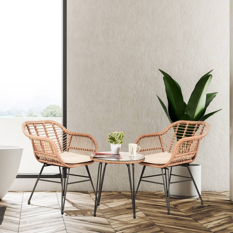 Wicker Bistro Set Outdoor Furniture with Cushions (Set of 3) by Tappio - 21.2"L x 23.6"W x 31.5"H
