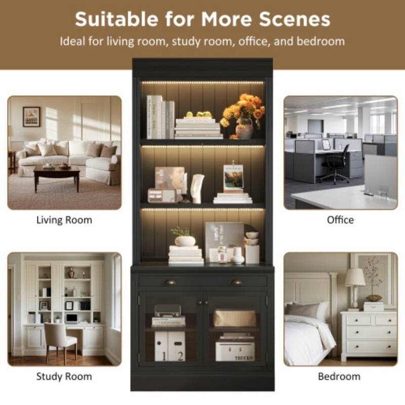 83.4" Contemporary Glass Door Bookcase with LED Lights & Drawer - Elegant Display Storage Shelf for Living Room and Study Room