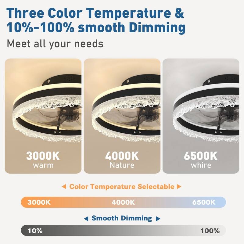 Smart Silent LED Ceiling Fan with Light Crystal Flush Mount, Hidden Blades