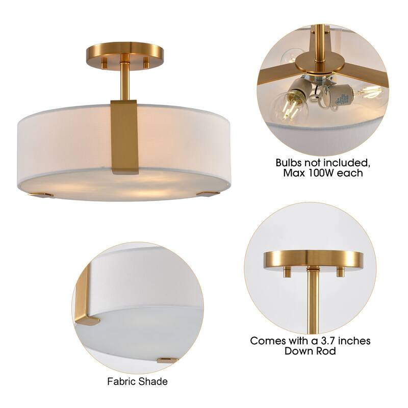 14 in. Modern Gold Drum Semi-Flush Mount Ceiling Light with Fabric Shade - 14" D x 14" W x 9.13" H