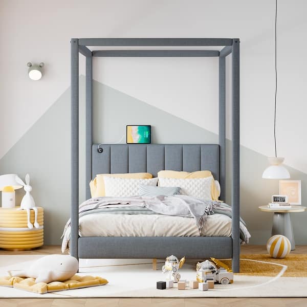 slide 2 of 33, Canopy Bed with USB and Type-C Ports, Upholstered Canopy Platform Bed Frame with Headboard, Wood Slat Support, for Kids Teens Gray - Full