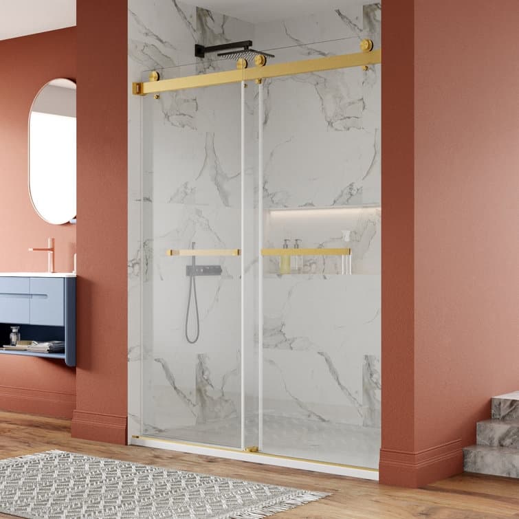 DeerValley 56" - 60" W x 76" H Double Sliding Frameless Shower Enclosure, Stainless Steel Accessories