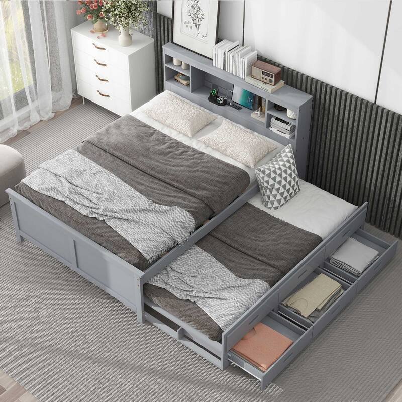 Full Size Platform Bed with Storage Headboard, USB, Twin Trundle, and 3 Drawers in Gray