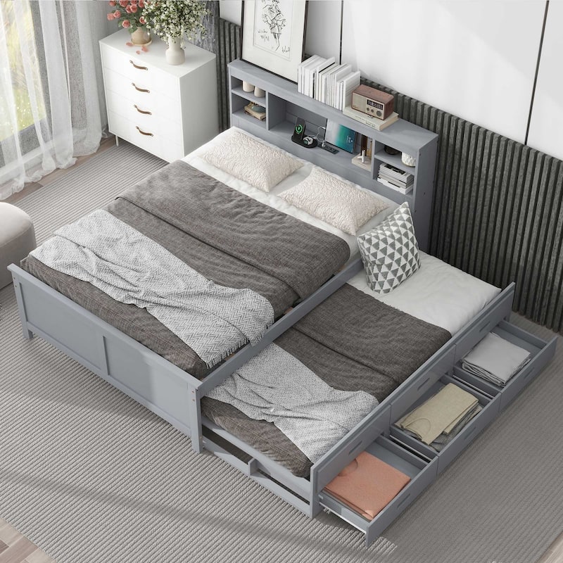 Full Size Platform Bed with Twin Size Trundle and 3 Drawers