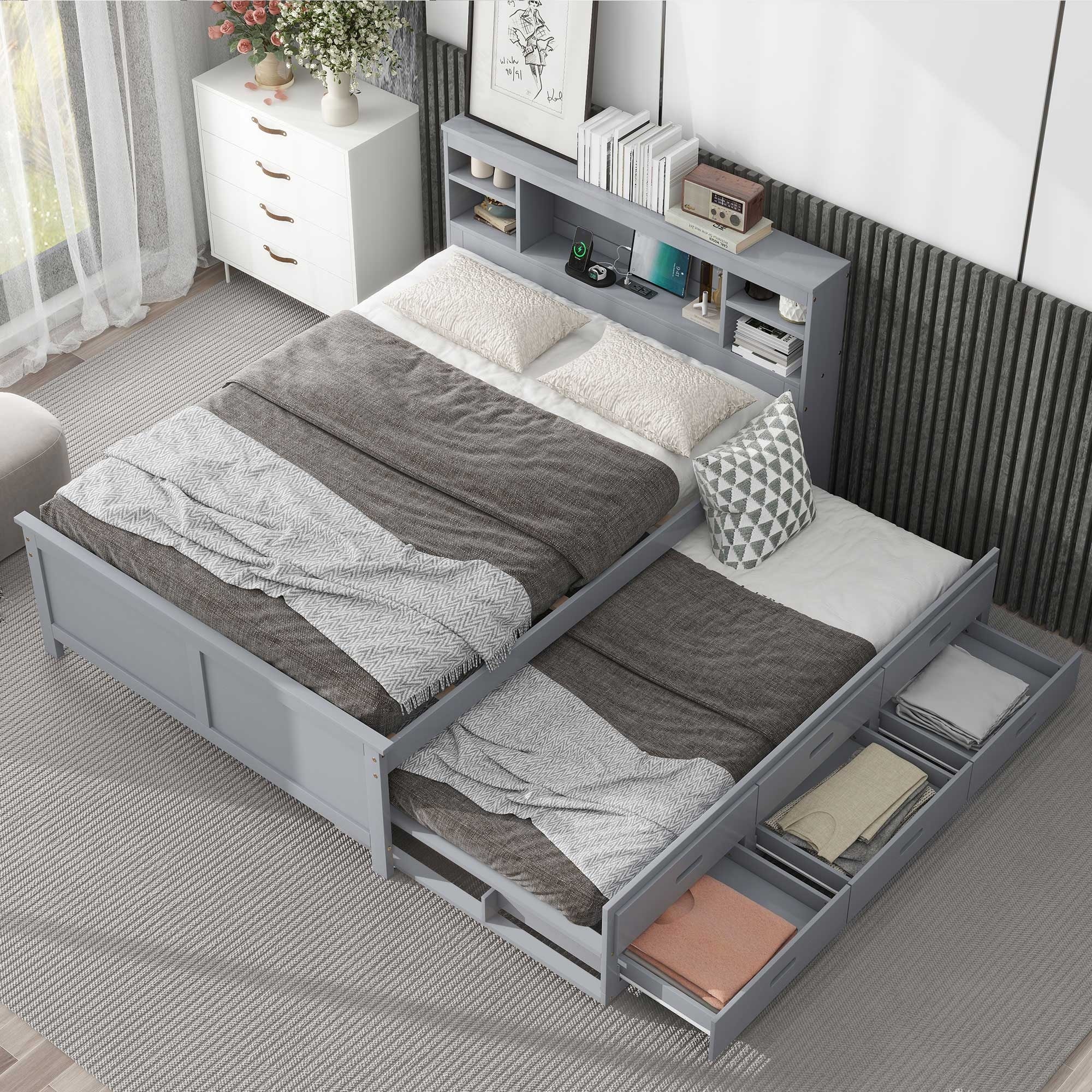 Platform Bed with Storage Headboard, USB, Trundle and 3 Drawers.