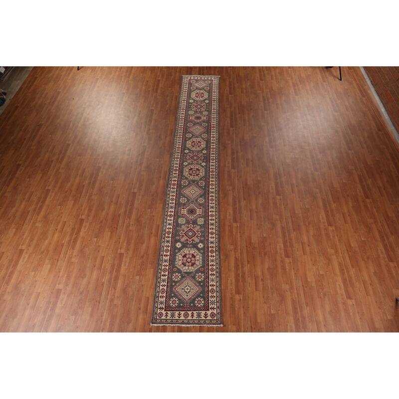 Gray Geometric Kazak Oriental Runner Rug Handmade Wool Carpet - 2'8" x 16'4"