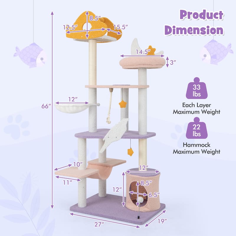 66 Inch Tall Cute Cat Tower with Sisal Covered Scratching Posts - 27" x 19" x 66"