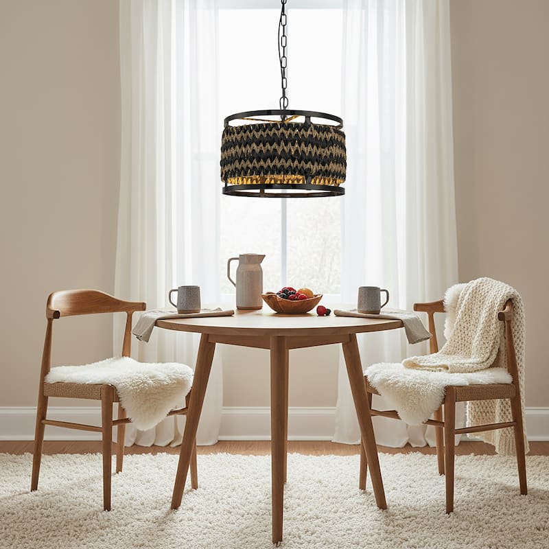 Amara 3-Light Wicker Drum Pendant, Rustic Boho - Handwoven - 18" Wide