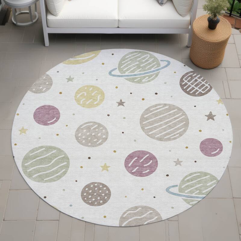 Machine Washable Indoor/ Outdoor Modern Planets Chantille Rug - Ivory - 8' x 8'