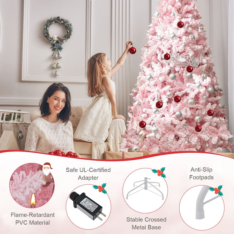 Gymax 7 FT Pre-Lit Artificial Christmas Tree Lighted Pink Snow Flocked