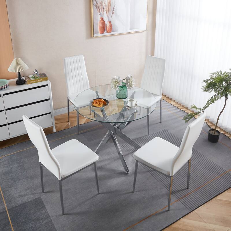 5 Pieces Dining Set, Table Metal Leg Mid-Century Dining Table for 4-6 People with Glass Table Top,Pedestal Dining Table - White