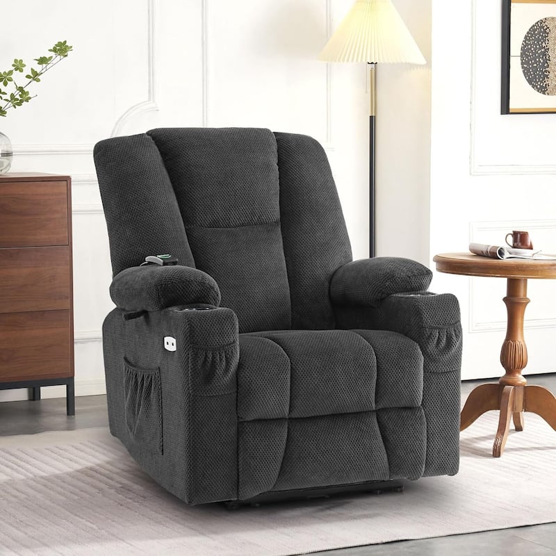 MCombo Electric Power Recliner Chair with Massage & Heat, Plush Fabric 8015 - Grey