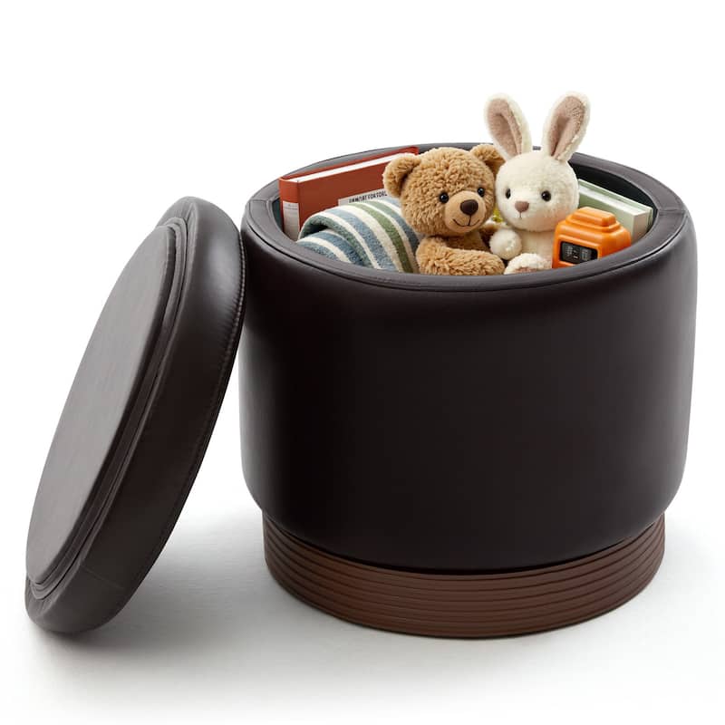 Round Swivel Storage Ottoman Footstool with Flip-top and Acacia Frame - Dark Brown