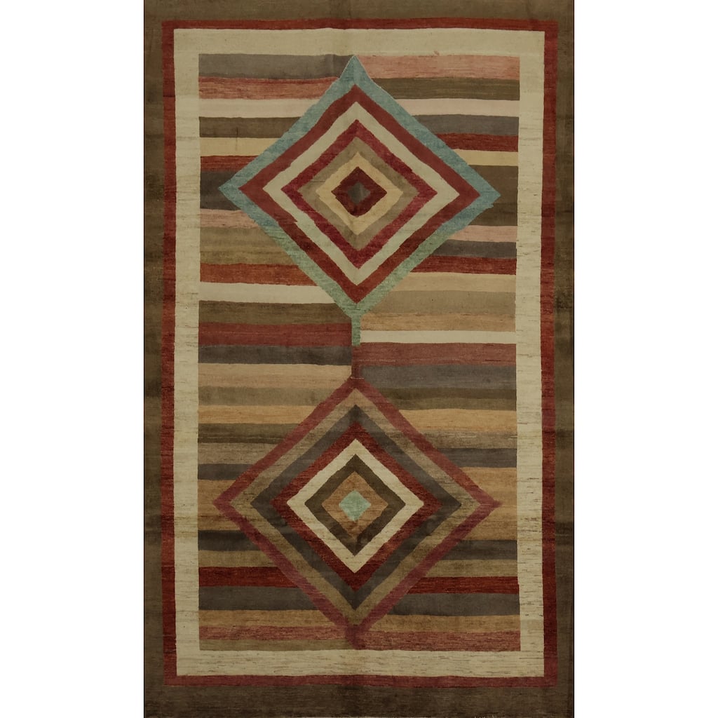 Hand Knotted Oriental 100% Wool Carpet Modern Geometric Multi-Colored Gabbeh Area Rug - 9' 5'' X 6' 5''