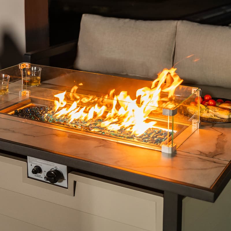 43'' Outdoor Propane Gas Fire Pit Table with Marble Texture Glass Tabletop, Ivory White