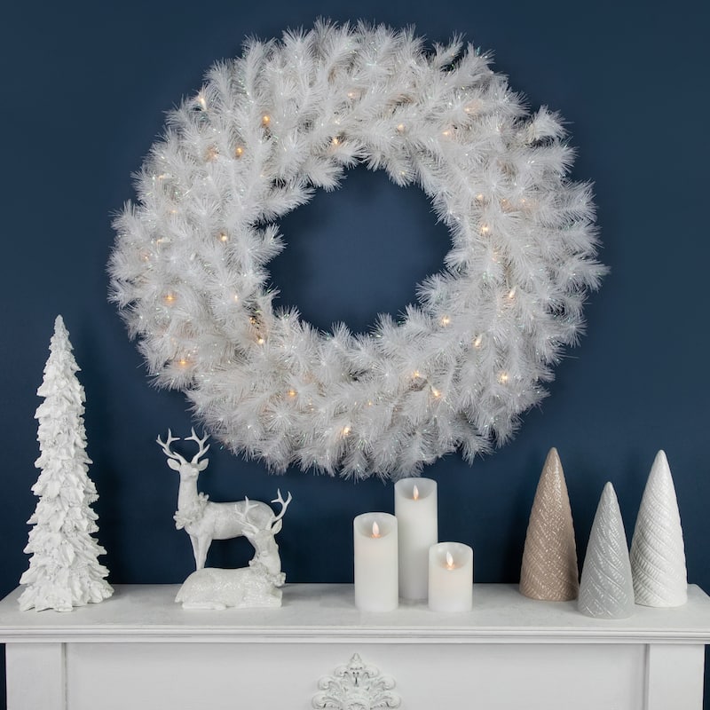 Pre-Lit White Alaskan Pine Artificial Christmas Wreath - Warm White LED Lights