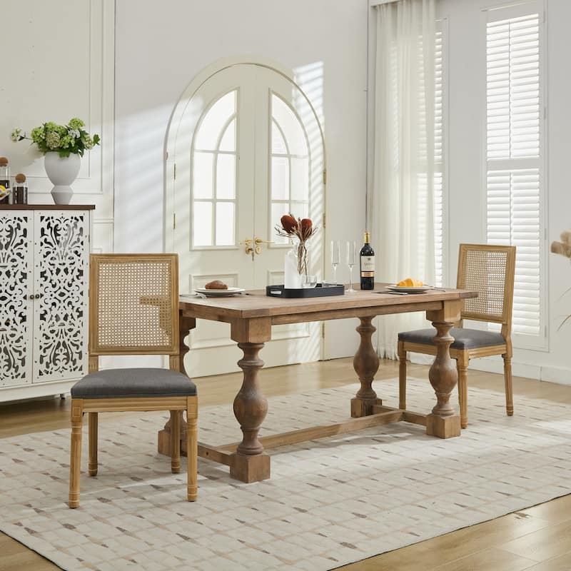 French Decor Chairs Set of 2, Louis Dining Chairs with Square Rattan Backrest and Exquisitely Carved Solid Wood Frame